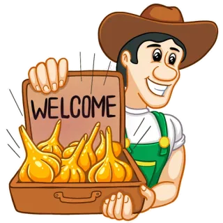 👋 WELCOME agriculteur, bienvenue, valise, oignons, produits, agriculture whatsapp sticker