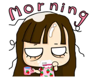 🌞 Morning cartoon, morning, girl, toothbrush, sleepy, cute, illustration, strawberry whatsapp sticker