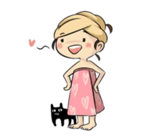🚿 Dessin animé, Fille, Serviette, Chat, Coeurs, Mignon whatsapp sticker