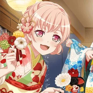 🥮 Anime meisje, Kimono, Bloemen, Roze haar, Lachend, Blij, Schattig, Cartoon telegram sticker