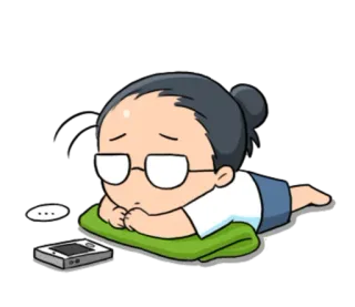 😔 卡通, 角色, 悲伤, 躺着, 手机, 眼镜 telegram sticker