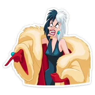 😡 Cruella de Vil 101 Dalmatians Cruella de Vil, villana, 101 Dálmatas, Disney, personaje de dibujos animados, animación whatsapp sticker