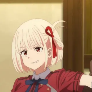 📕 Chisato Nishikigi Lycoris Recoil 애니메이션, 여자, 금발, 미소, 리코리스 리코일, 니시키기 치사토 telegram sticker