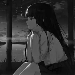 〰️ anime, girl, sad, black and white, manga, contemplative telegram sticker
