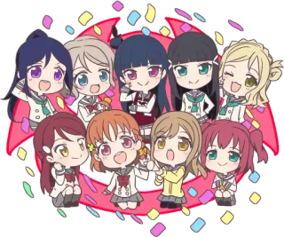 👩‍👩‍👧‍👧 Anime, Dziewczyny, Słodkie, Konfetti, Kawaii, Chibi, Grupa, Świętowanie telegram sticker
