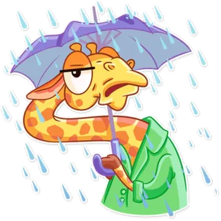 🌧 ยีราฟ, ฝน, ร่ม, เศร้า, หดหู่, สัตว์, การ์ตูน telegram sticker