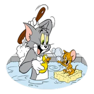💨 Tom and Jerry cartoon, cat, mouse, bath, rubber duck, bubbles telegram sticker