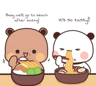 ❤️ Baby we'll go to beach after eating! It's so tasty!! ours, manger, mignon, dessin animé, plage, nouilles, délicieux telegram sticker