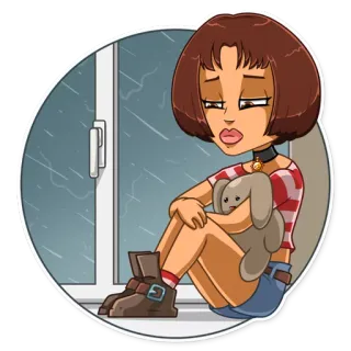 😞 女孩, 悲伤, 下雨, 窗户, 卡通, 角色 telegram sticker