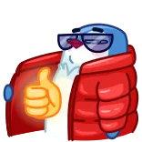 👍 burung, kartun, jempol ke atas, kacamata hitam, jaket, persetujuan, kesuksesan telegram sticker