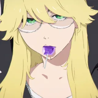 🔮 Chica anime, Pelo rubio, Piruleta, Gafas, Ojos verdes, Dibujo animado, Personaje telegram sticker