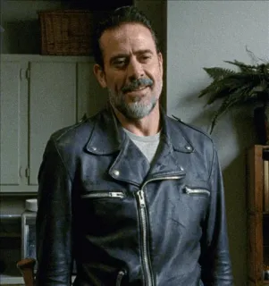 😄 Negan The Walking Dead злодей, усмешка, кожаная куртка, актер, сериал whatsapp sticker