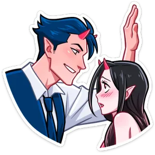 😏 Anime, Demonio, Cuernos, Masculino, Femenino, Dibujos animados, Ojos cerrados, Romance telegram sticker