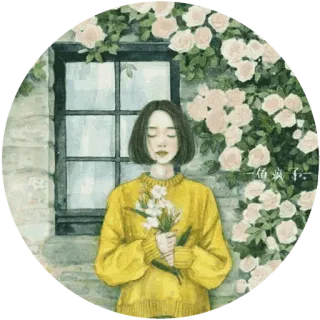 💐 伶俐女子 Frau, Blumen, Fenster, Porträt, Mädchen, Illustration, Kunstwerk, Rosen whatsapp sticker