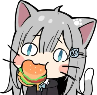 🍔 애니메이션, 고양이 소녀, 버거, 먹기, 귀여운, 카와이 telegram sticker