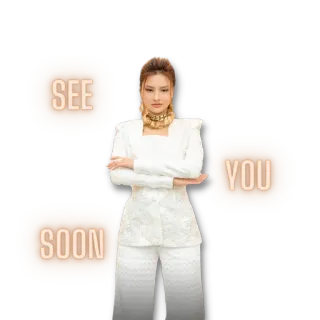 👍 SEE YOU SOON femme, costume blanc, bijoux en or, à bientôt, salutation, mode, style telegram sticker
