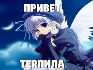 👋 ПРИВЕТ, ТЕРПИЛА anime girl, wings, moon, blue, greeting, slur, russian, character telegram sticker