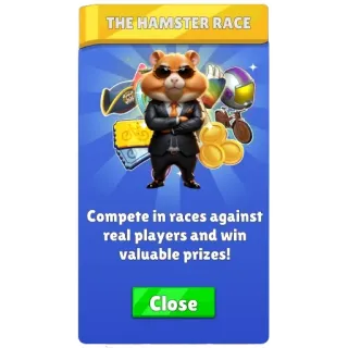 ℹ️ THE HAMSTER RACE
Compete in races against
real players and win
valuable prizes!
Close hamster, race, game, compete, prizes, cartoon, animals, suit telegram sticker
