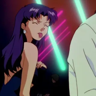😛 Misato Katsuragi Neon Genesis Evangelion Аниме, Женщина, фиолетовые волосы, Вечеринка, Танцы whatsapp sticker