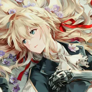 😟 Violet Evergarden anime, character, flowers, portrait, blonde, red bow, robot arm telegram sticker