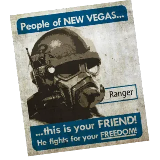 💂‍♂️ Ranger Fallout New Vegas People of NEW VEGAS...
Ranger
...this is your FRIEND!
He fights for your FREEDOM! video game, fallout, new vegas, ranger, soldier telegram sticker