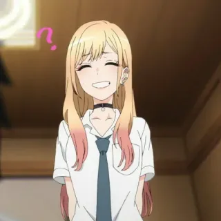 ❓ Marin Kitagawa My Dress-Up Darling anime, bionda, ragazza, felice, carina, punto interrogativo telegram sticker