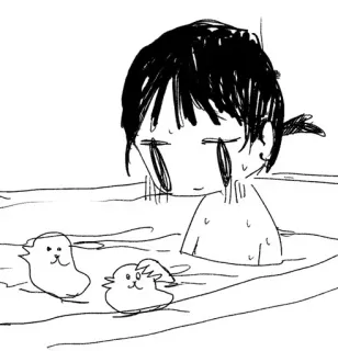 😞 Anime, Cartoon, Zeichnung, Baden, Badewanne, Wasser, Süß, Vögel telegram sticker