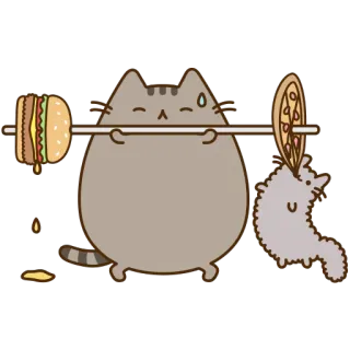 💪 Pusheen 猫, 漫画, 食べ物, バーガー, ピザ, 重量挙げ, 可愛い, 面白い telegram sticker