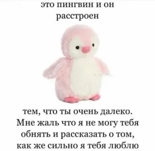 😪 это пингвин и он
расстроен
тем, что ты очень далеко.
Мне жаль что я не могу тебя
обнять и рассказать о том,
как же сильно я тебя люблю pingouin, peluche, triste, tu me manques, amour, langue russe telegram sticker