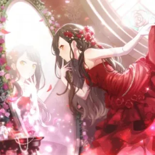 🥰 anime, girl, dress, mirror, roses, reflection telegram sticker