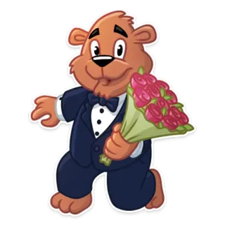 💐 urso, desenho animado, terno, flores, buquê, fofo, animal whatsapp sticker
