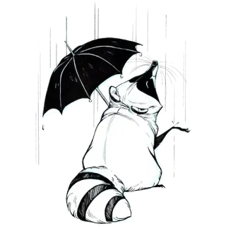 🌧 raccoon, umbrella, animal, cartoon, sticker, black and white, drawing telegram sticker