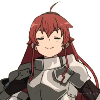 😌 애니메이션, 캐릭터, 갑옷, 빨간 머리, 미소, 여성 telegram sticker