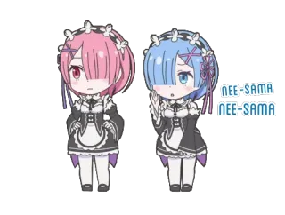 👂 Rem and Ram Re:Zero − Starting Life in Another World NEE-SAMA anime, cute, sisters, maid, chibi whatsapp sticker