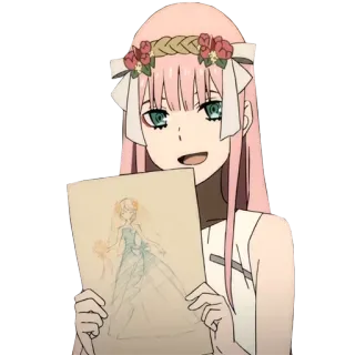 😀 Zero Two Darling in the Franxx Anime, Zero Two, Darling in the Franxx, Mädchen, Blumenkranz telegram sticker