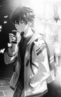 🌟 anime, boy, black and white, beverage, butterflies, teen telegram sticker