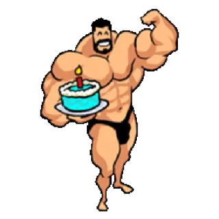 🎂 Bodybuilder, Muskeln, Kuchen, Geburtstag, Fitness, Cartoon telegram sticker