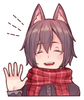 😄 anime, wolf ears, scarf, girl, waving, cute telegram sticker