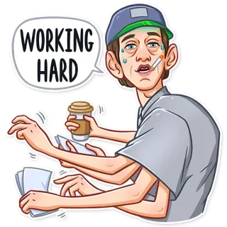 😰 WORKING HARD homme, fatigué, café, travail, dur, épuisé, stressé telegram sticker