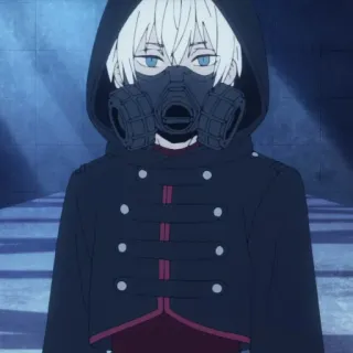 🤍 Anime, Masker gas, Hoodie, Karakter, Hitam, Rambut putih, Mata biru telegram sticker