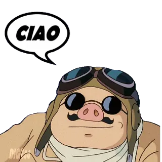 👋 Porco Rosso CIAO Porco Rosso, Studio Ghibli, animado, porco, aviador, italiano, saudação telegram sticker