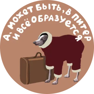 💫 А, может быть, в Питер всё образуется cão, mala, casaco, viagem, Rússia, texto russo, animal telegram sticker