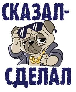 👌 СКАЗАЛ - СДЕЛАЛ perro, carlino, gafas de sol, cadena de oro, chaqueta, dibujos animados, guay telegram sticker