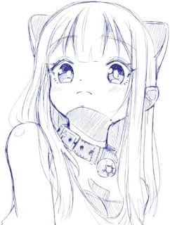 😟 gadis anime, telinga kucing, kalung, sketsa, imut, ilustrasi telegram sticker