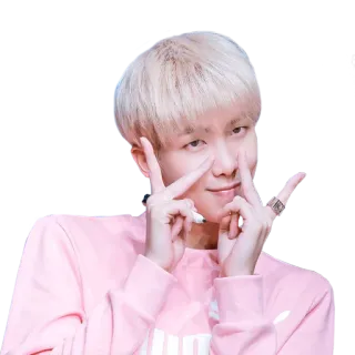✌️ K-pop, Coreano, Idol, Segno di pace, Uomo, Capelli biondi, Camicia rosa telegram sticker