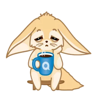 🦊 feneco, xícara, triste, animal, exausto, café, sentado, sonolento telegram sticker