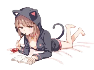 😌 动漫女孩, 猫耳, 躺着, 卡哇伊, 可爱, 阅读, 零食 telegram sticker