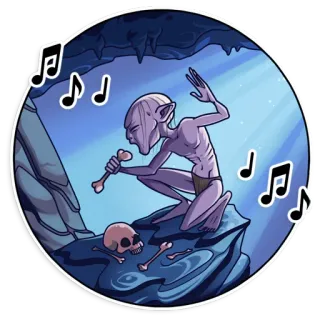 🎤 Gollum Lord of the Rings criatura, cueva, calavera, huesos, canto, fantasía telegram sticker