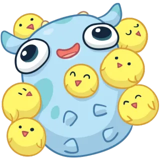 ☺️ monstre, poussin, mignon, dessin animé, drôle, bleu, jaune, animal whatsapp sticker