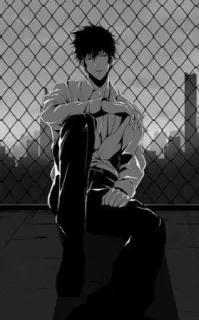 🌟 anime, sitting, male, black and white, fence telegram sticker
